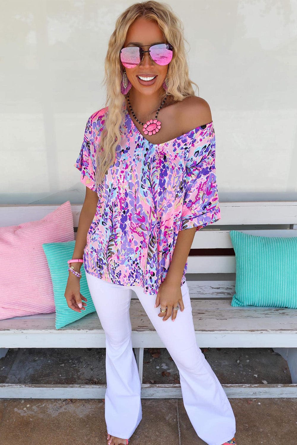 Pink Floral Painted Loose-Fit Tee