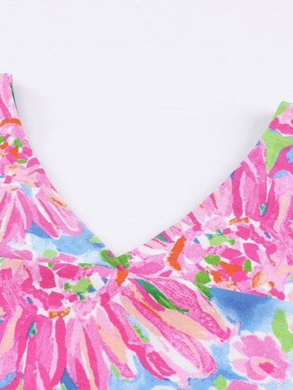 Pink Floral Print Relaxed V Neck Tee