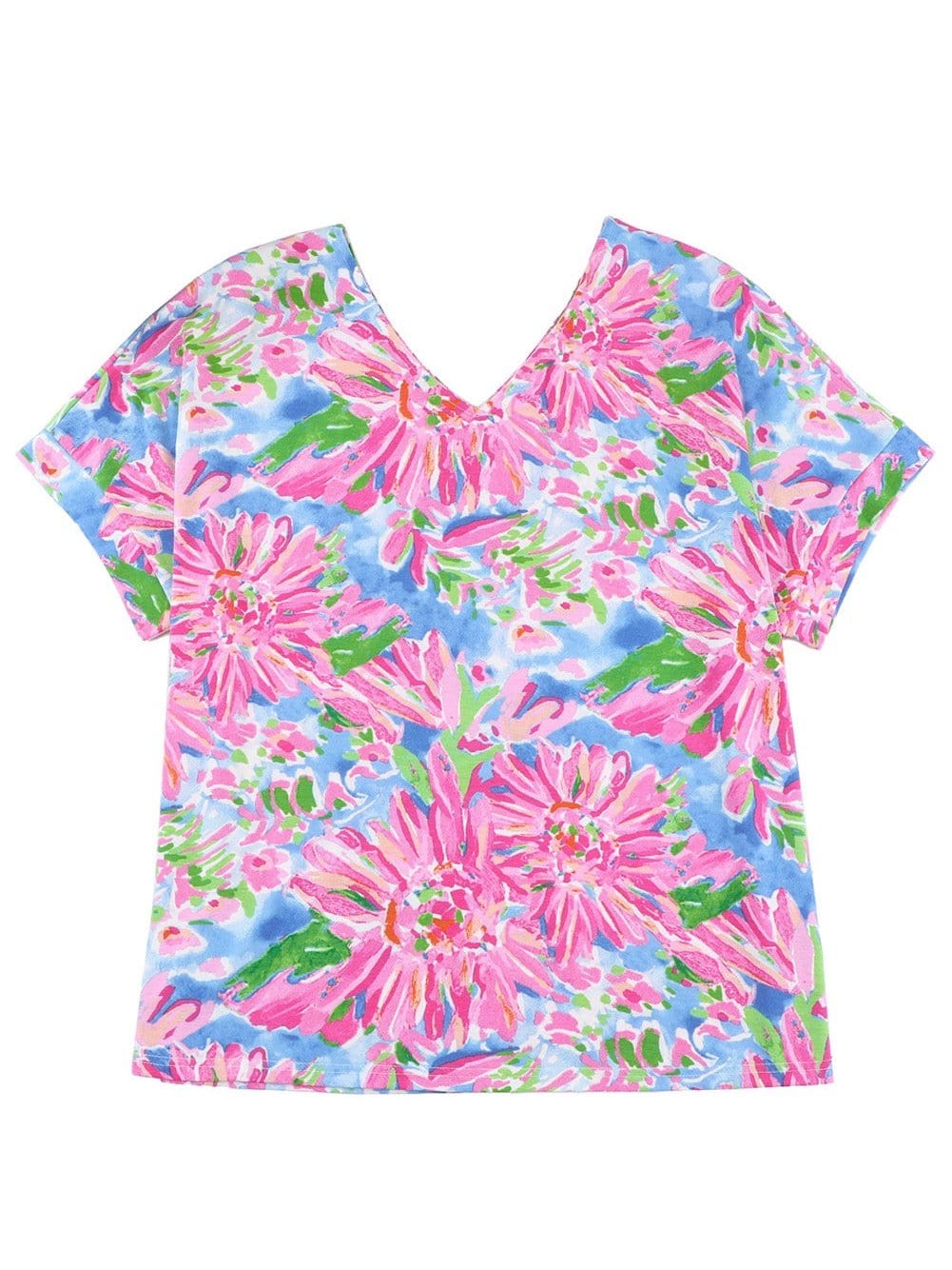 Pink Floral Print Relaxed V Neck Tee