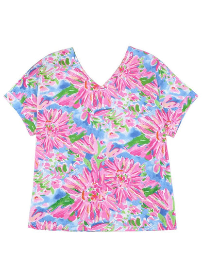 Pink Floral Print Relaxed V Neck Tee