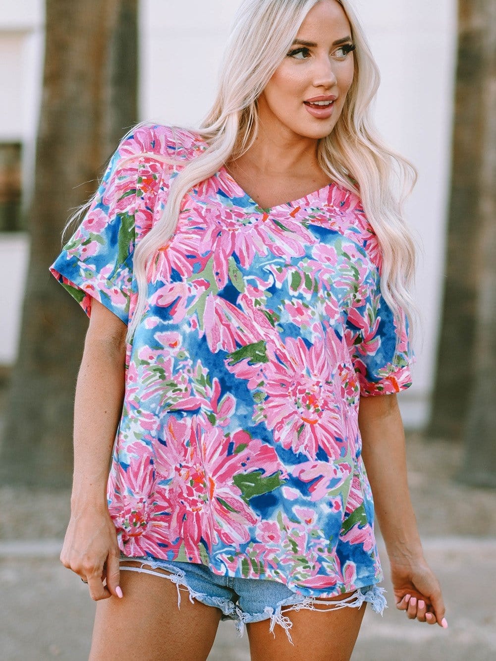 Pink Floral Print Relaxed V Neck Tee