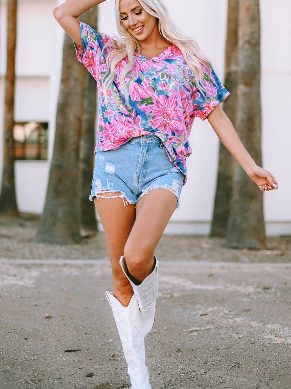 Pink Floral Print Relaxed V Neck Tee