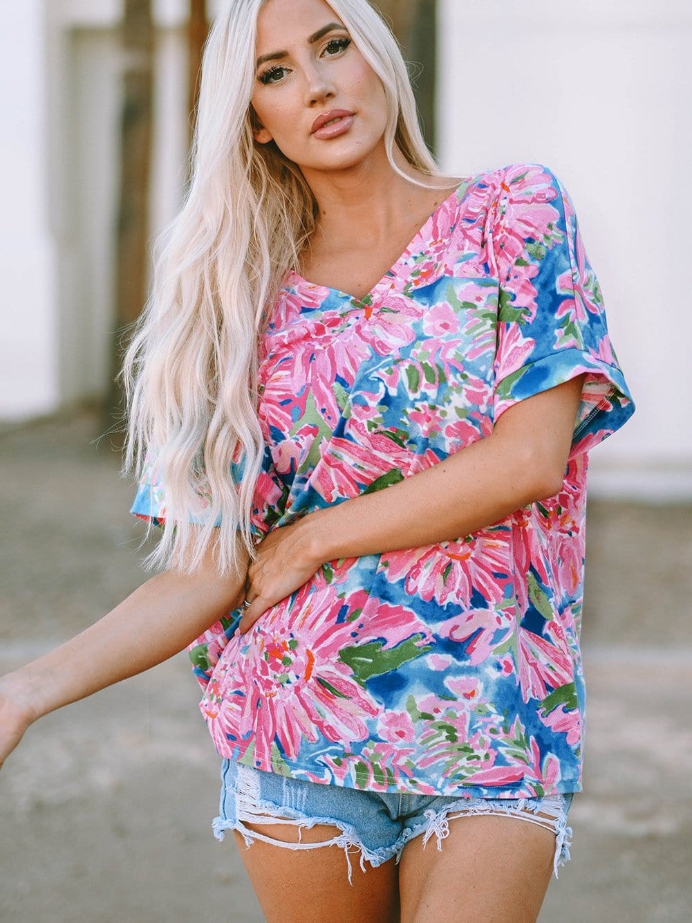 Pink Floral Print Relaxed V Neck Tee