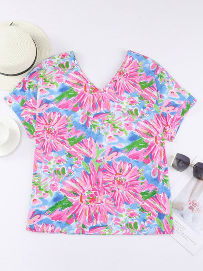 Pink Floral Print Relaxed V Neck Tee