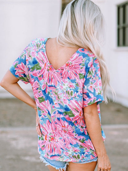 Pink Floral Print Relaxed V Neck Tee