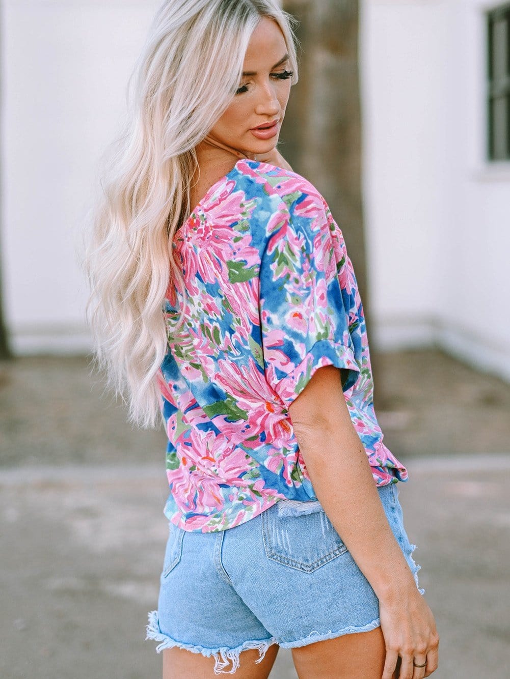 Pink Floral Print Relaxed V Neck Tee