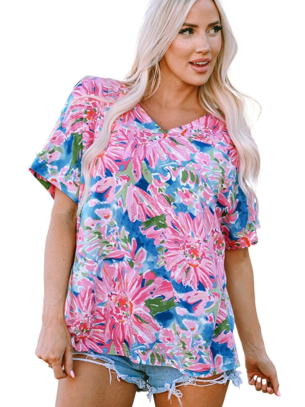 Pink Floral Print Relaxed V Neck Tee