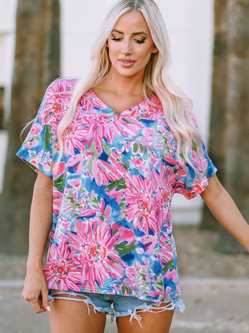 Pink Floral Print Relaxed V Neck Tee