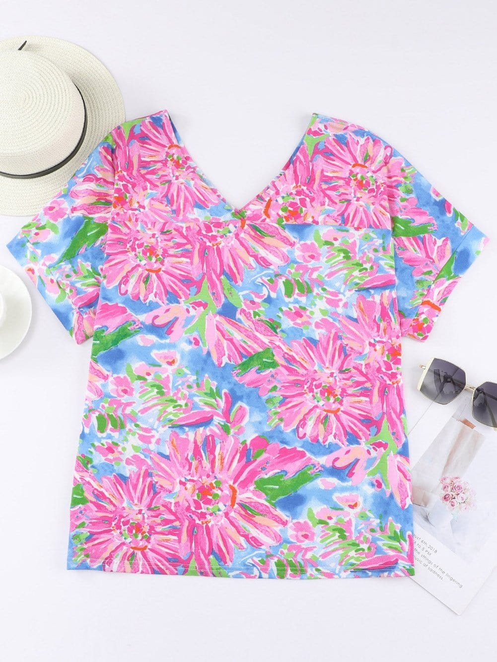 Pink Floral Print Relaxed V Neck Tee