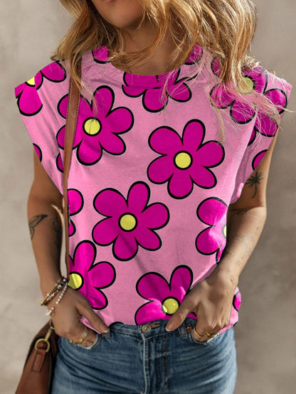 Pink Floral Print Round Neck Cap Sleeve T-Shirt with Southern Belle Style