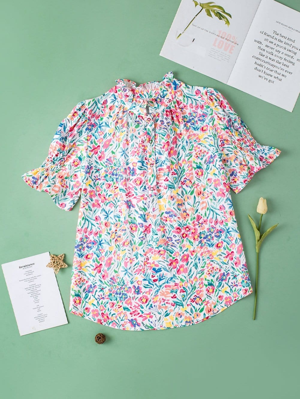 Pink Floral Print Split Neck Puff Sleeve Cotton Blouse