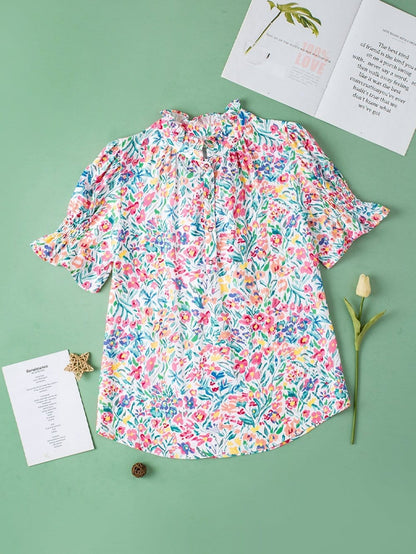 Pink Floral Print Split Neck Puff Sleeve Cotton Blouse