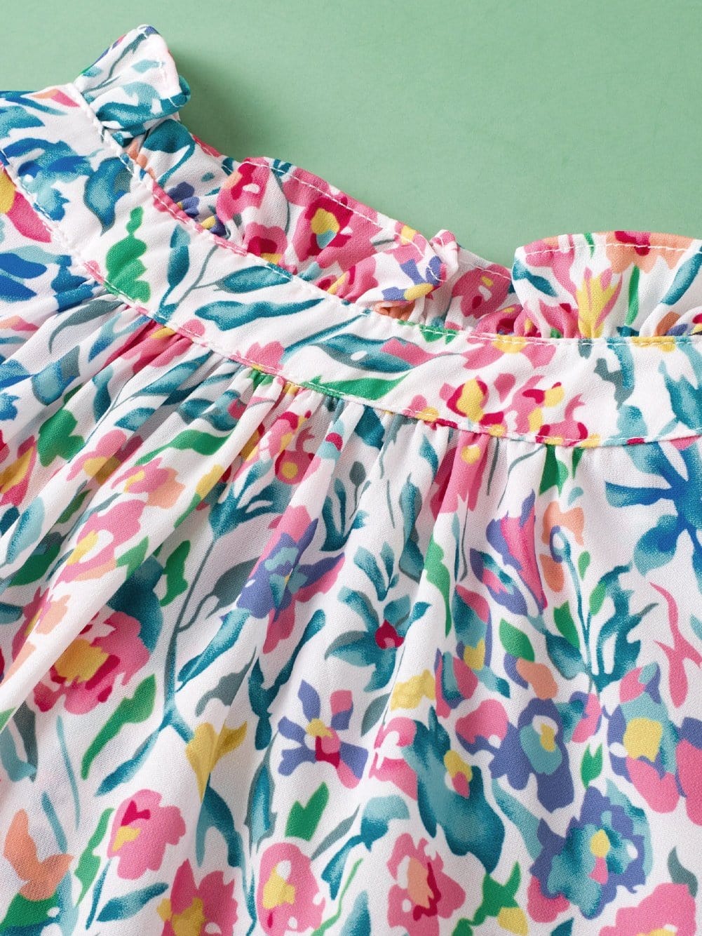 Pink Floral Print Split Neck Puff Sleeve Cotton Blouse