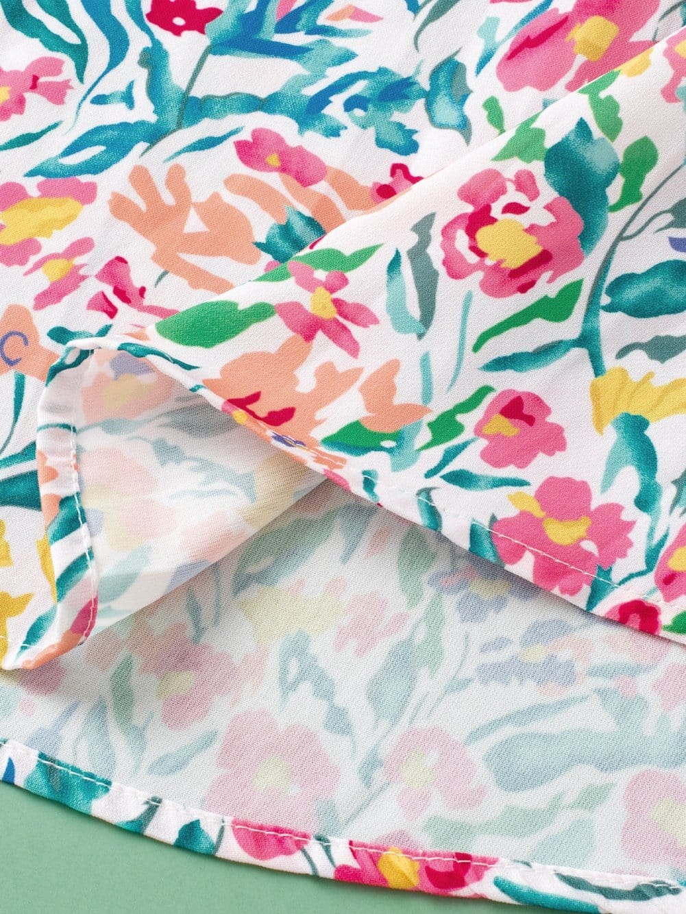 Pink Floral Print Split Neck Puff Sleeve Cotton Blouse