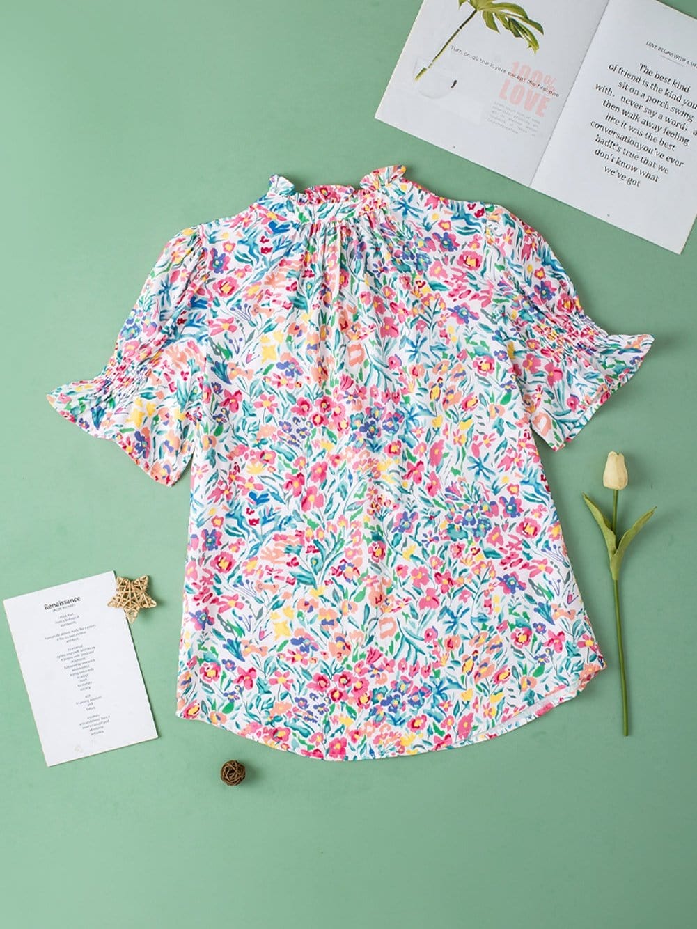 Pink Floral Print Split Neck Puff Sleeve Cotton Blouse