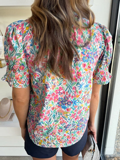 Pink Floral Print Split Neck Puff Sleeve Cotton Blouse