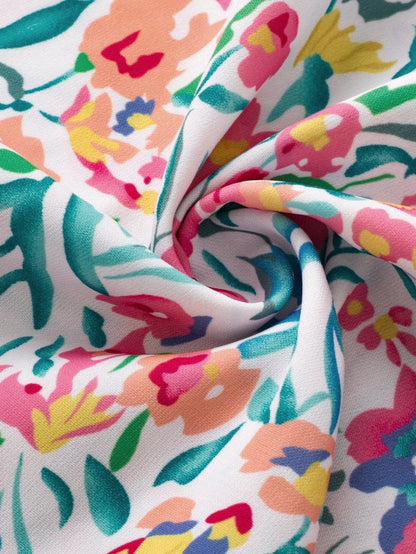 Pink Floral Print Split Neck Puff Sleeve Cotton Blouse