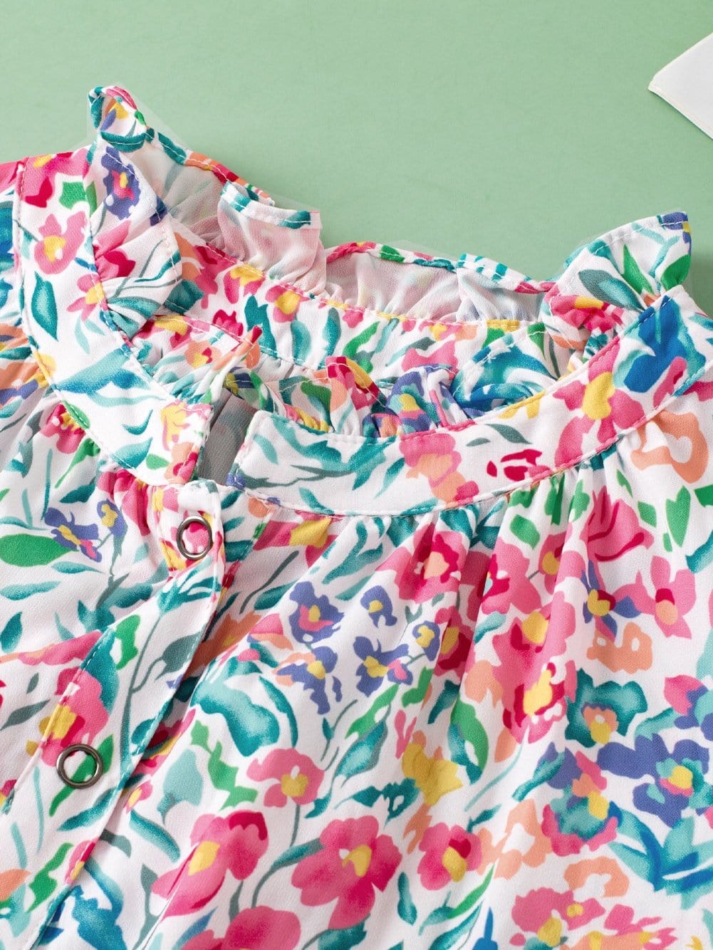 Pink Floral Print Split Neck Puff Sleeve Cotton Blouse