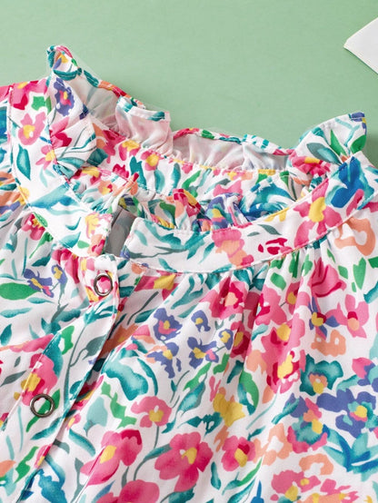 Pink Floral Print Split Neck Puff Sleeve Cotton Blouse