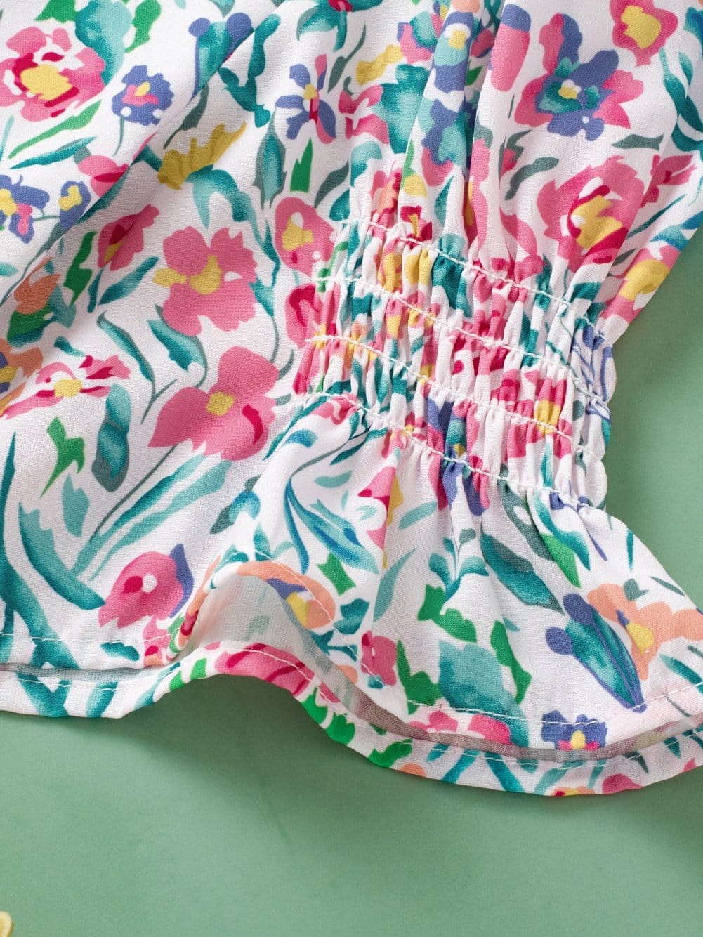 Pink Floral Print Split Neck Puff Sleeve Cotton Blouse