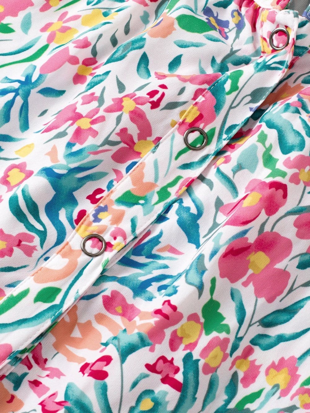 Pink Floral Print Split Neck Puff Sleeve Cotton Blouse