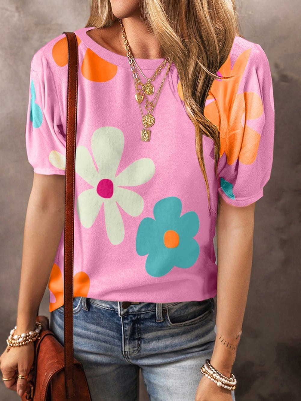 Pink Floral Puff Sleeve Summer Tee
