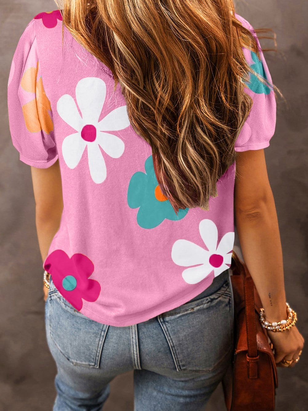 Pink Floral Puff Sleeve Summer Tee