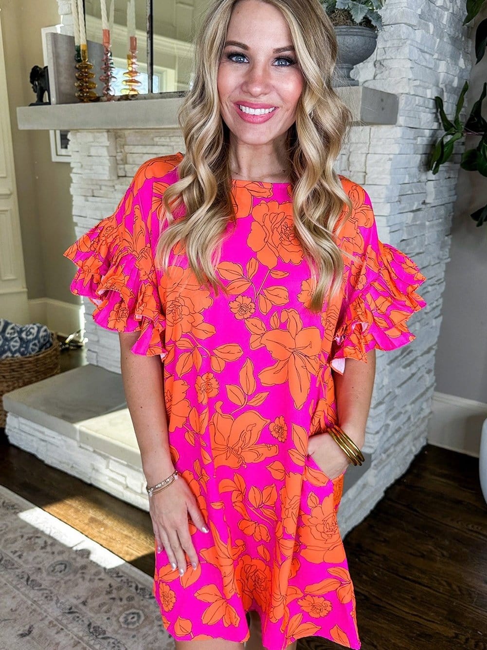 Pink Floral Ruffle Sleeve Mini Dress for Southern Belle Style