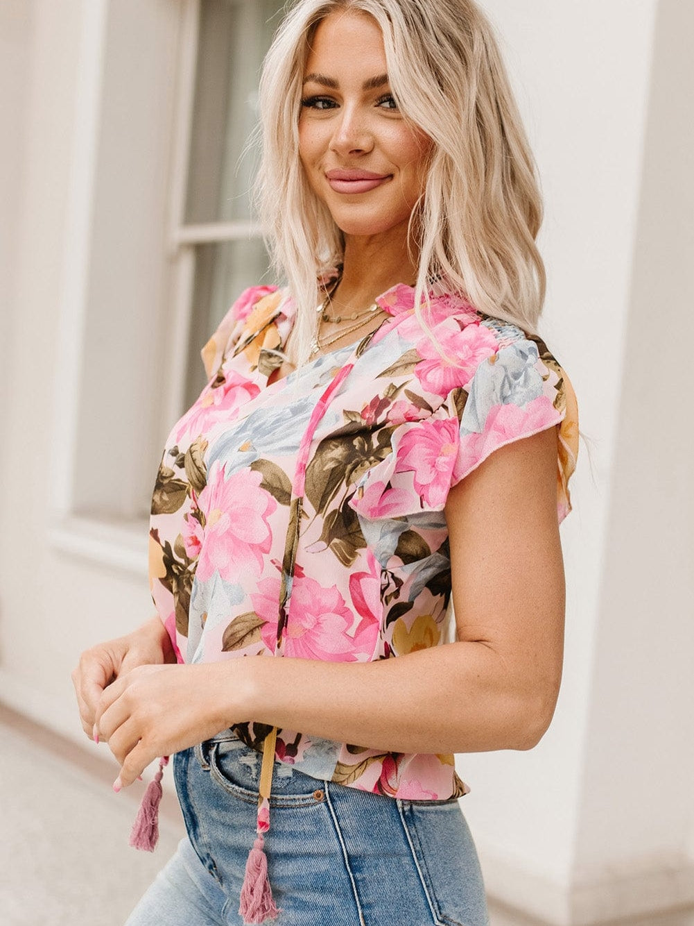 Pink Floral Ruffle Sleeve V-Neck Blouse with Tassel Detail