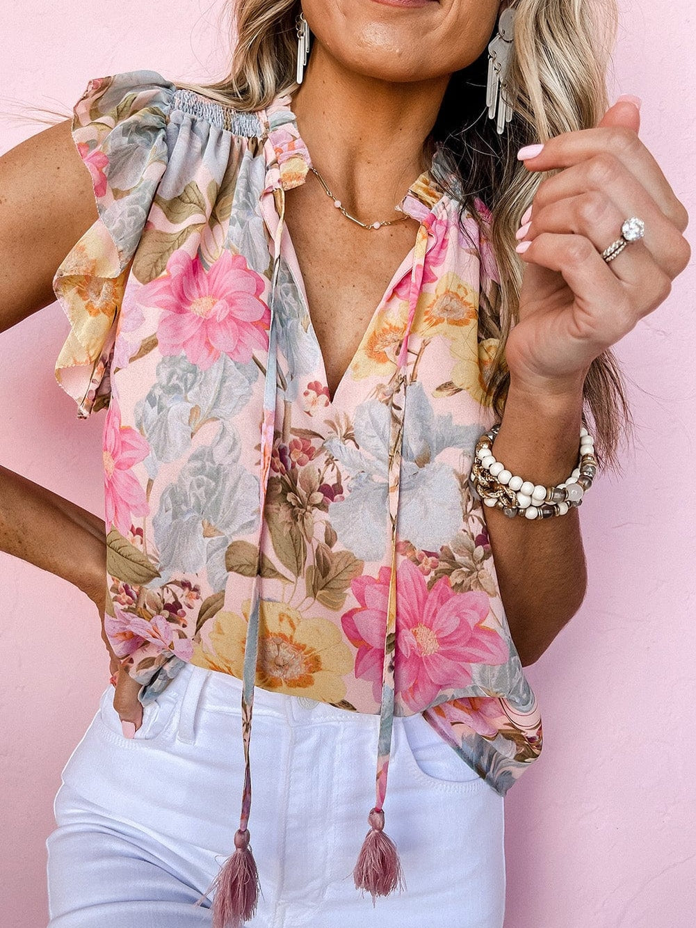 Pink Floral Ruffle Sleeve V-Neck Blouse with Tassel Detail