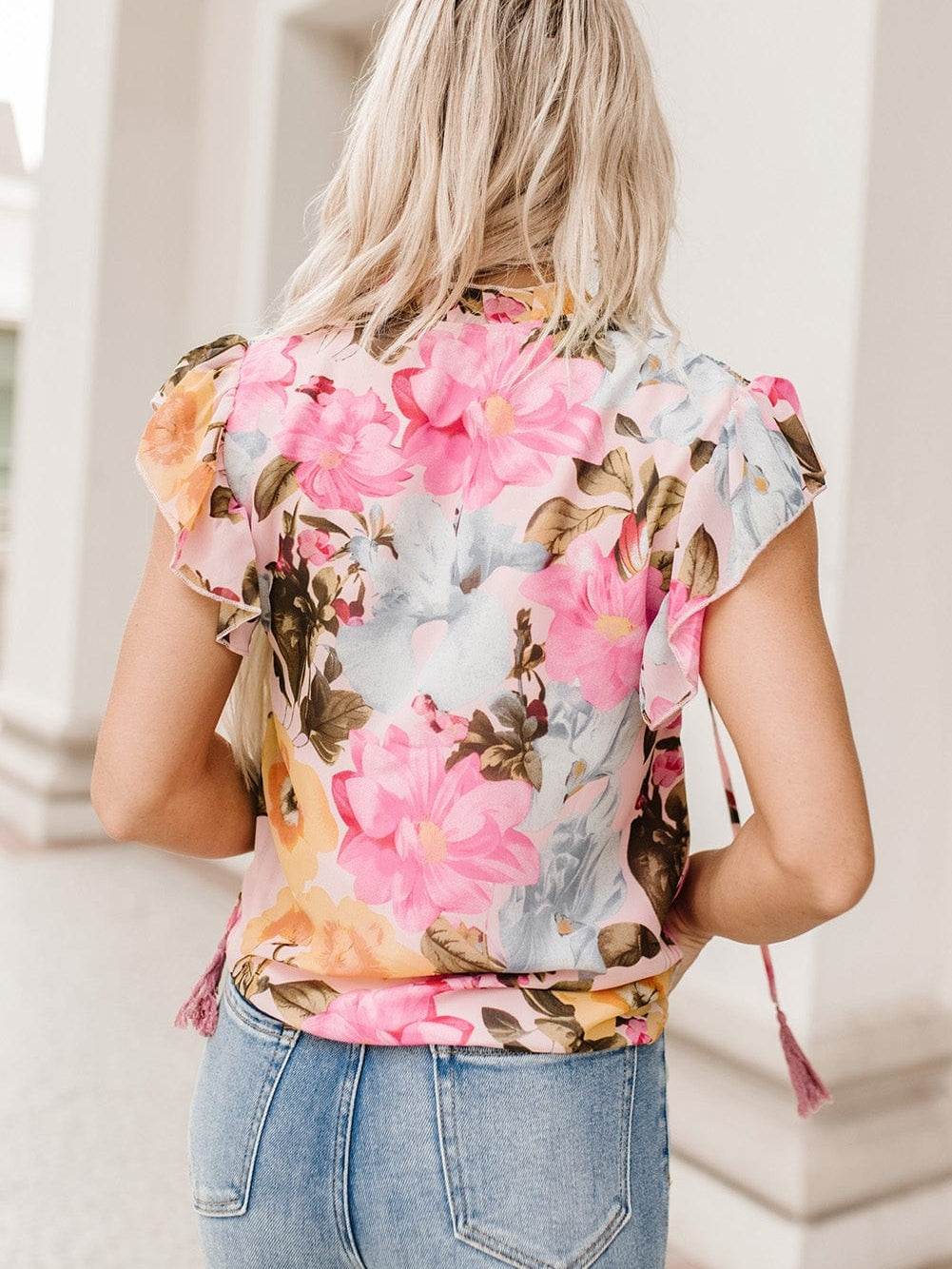 Pink Floral Ruffle Sleeve V-Neck Blouse with Tassel Detail