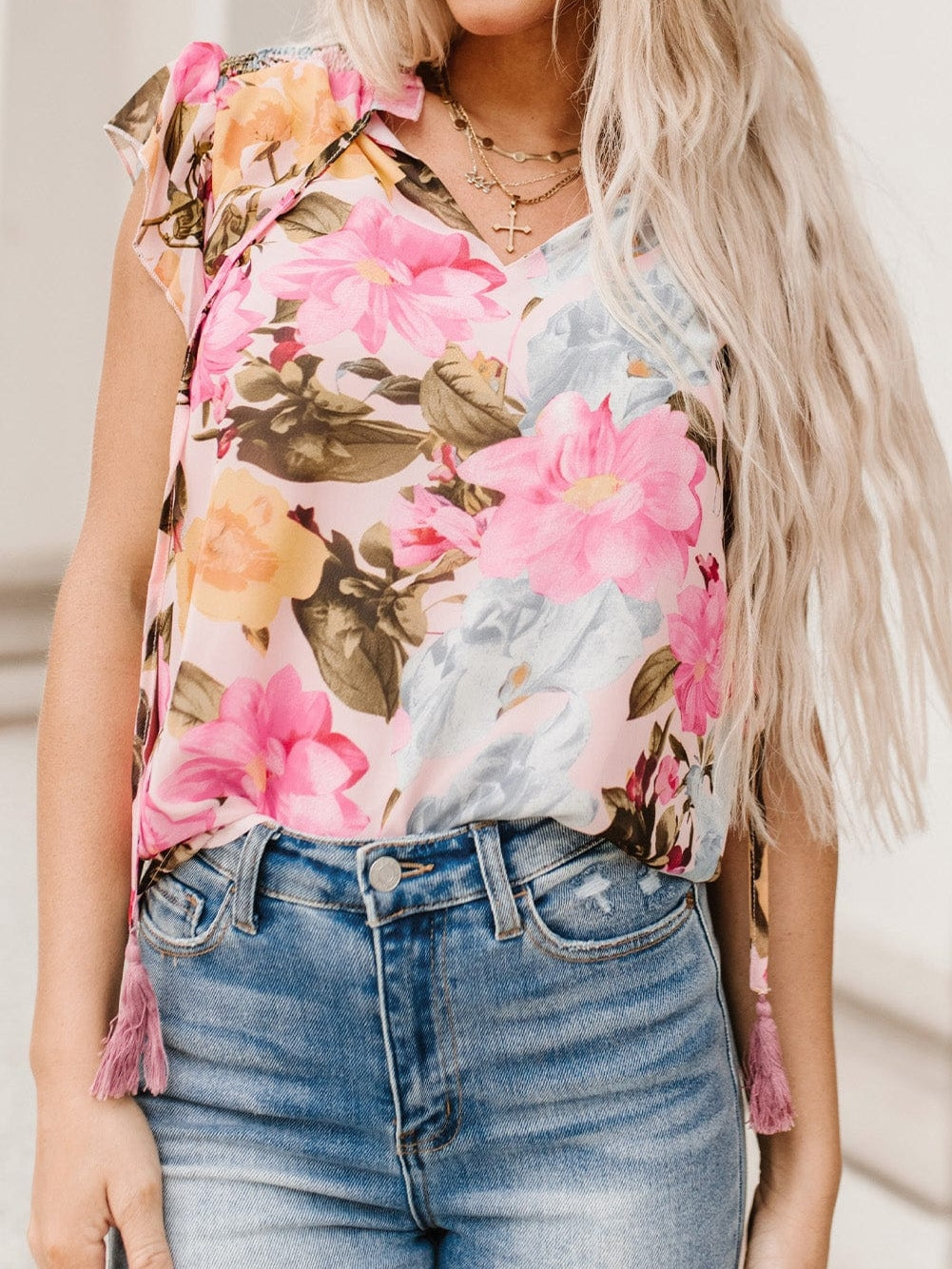 Pink Floral Ruffle Sleeve V-Neck Blouse with Tassel Detail