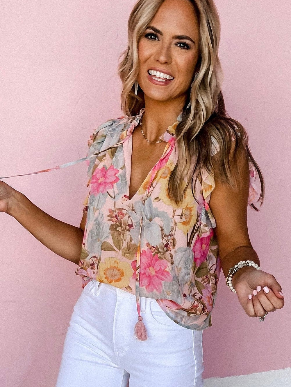 Pink Floral Ruffle Sleeve V-Neck Blouse with Tassel Detail