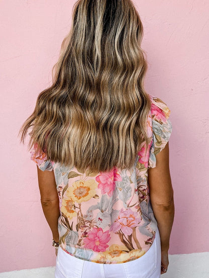 Pink Floral Ruffle Sleeve V-Neck Blouse with Tassel Detail