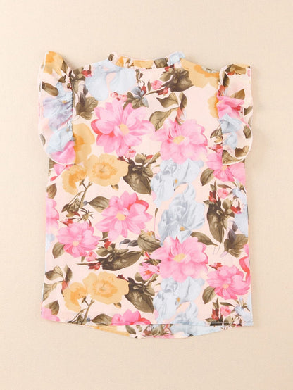 Pink Floral Ruffle Sleeve V-Neck Blouse with Tassel Detail