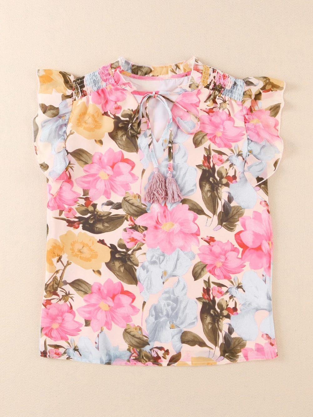 Pink Floral Ruffle Sleeve V-Neck Blouse with Tassel Detail
