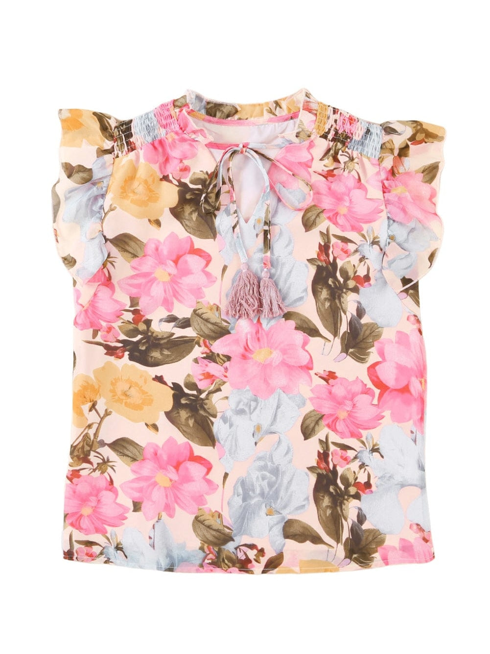 Pink Floral Ruffle Sleeve V-Neck Blouse with Tassel Detail