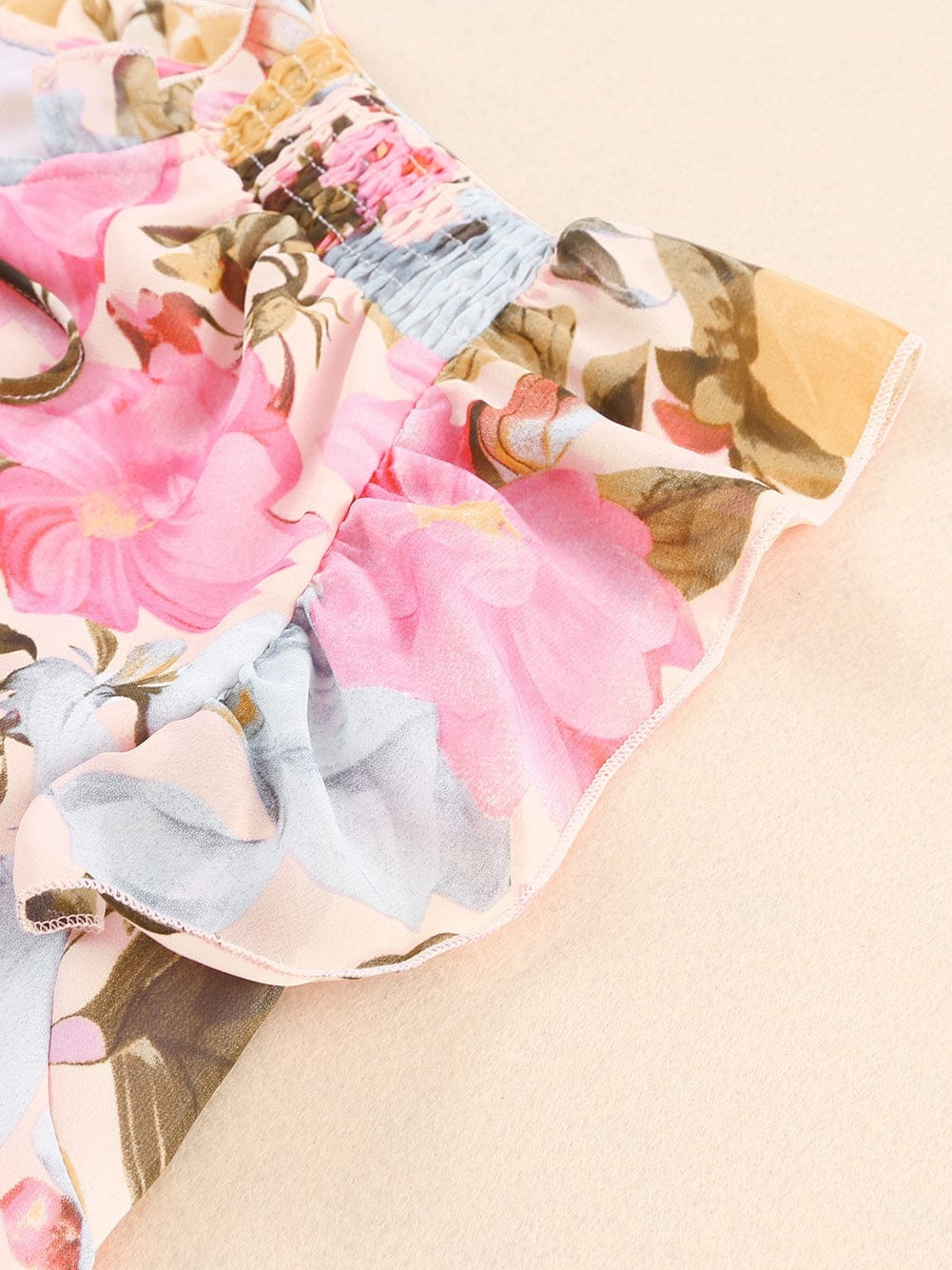 Pink Floral Ruffle Sleeve V-Neck Blouse with Tassel Detail