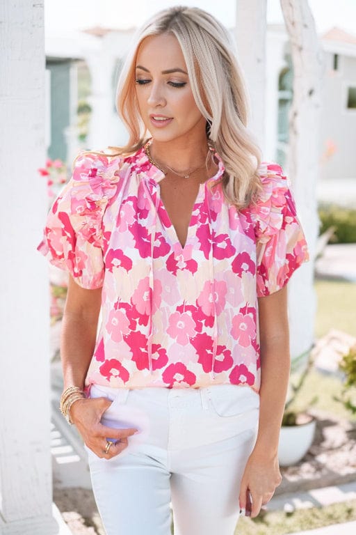 Pink Floral Ruffle Sleeve V-Neck Top