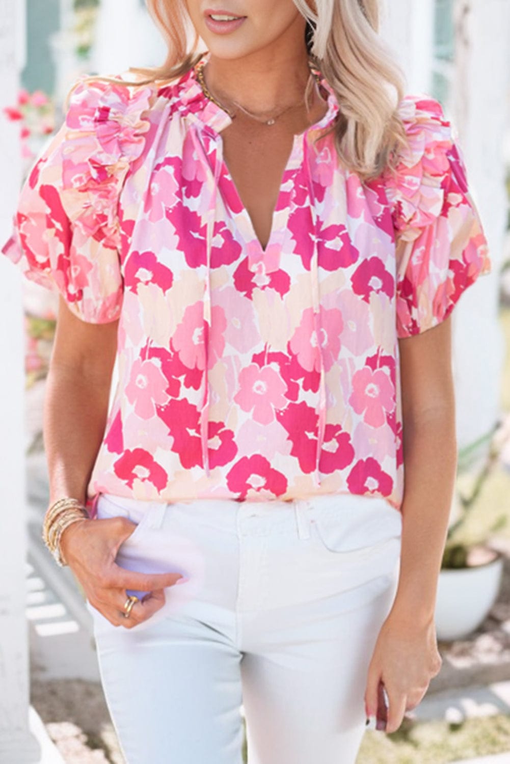 Pink Floral Ruffle Sleeve V-Neck Top