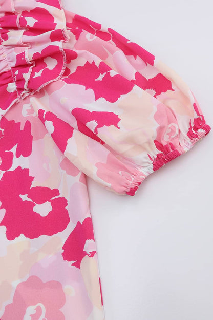 Pink Floral Ruffle Sleeve V-Neck Top