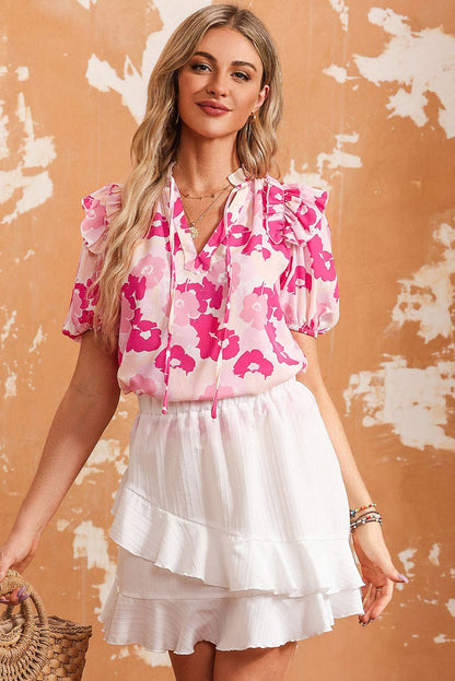 Pink Floral Ruffle Sleeve V-Neck Top