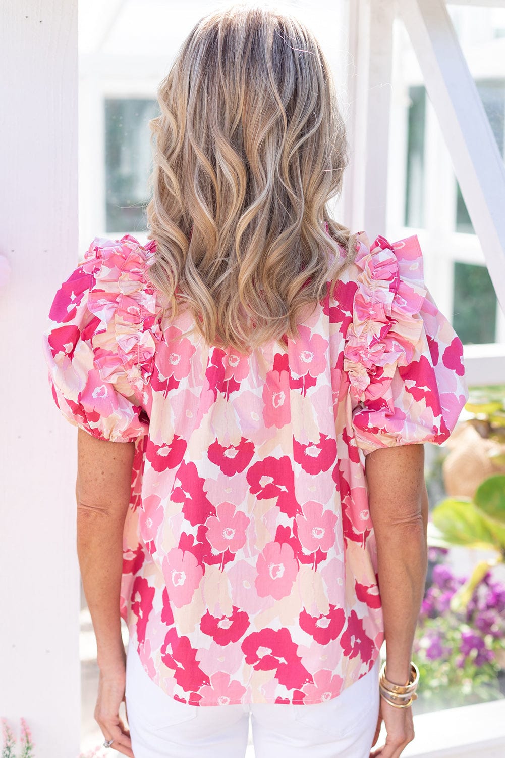 Pink Floral Ruffle Sleeve V-Neck Top