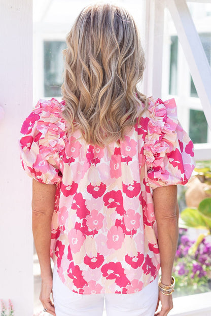 Pink Floral Ruffle Sleeve V-Neck Top