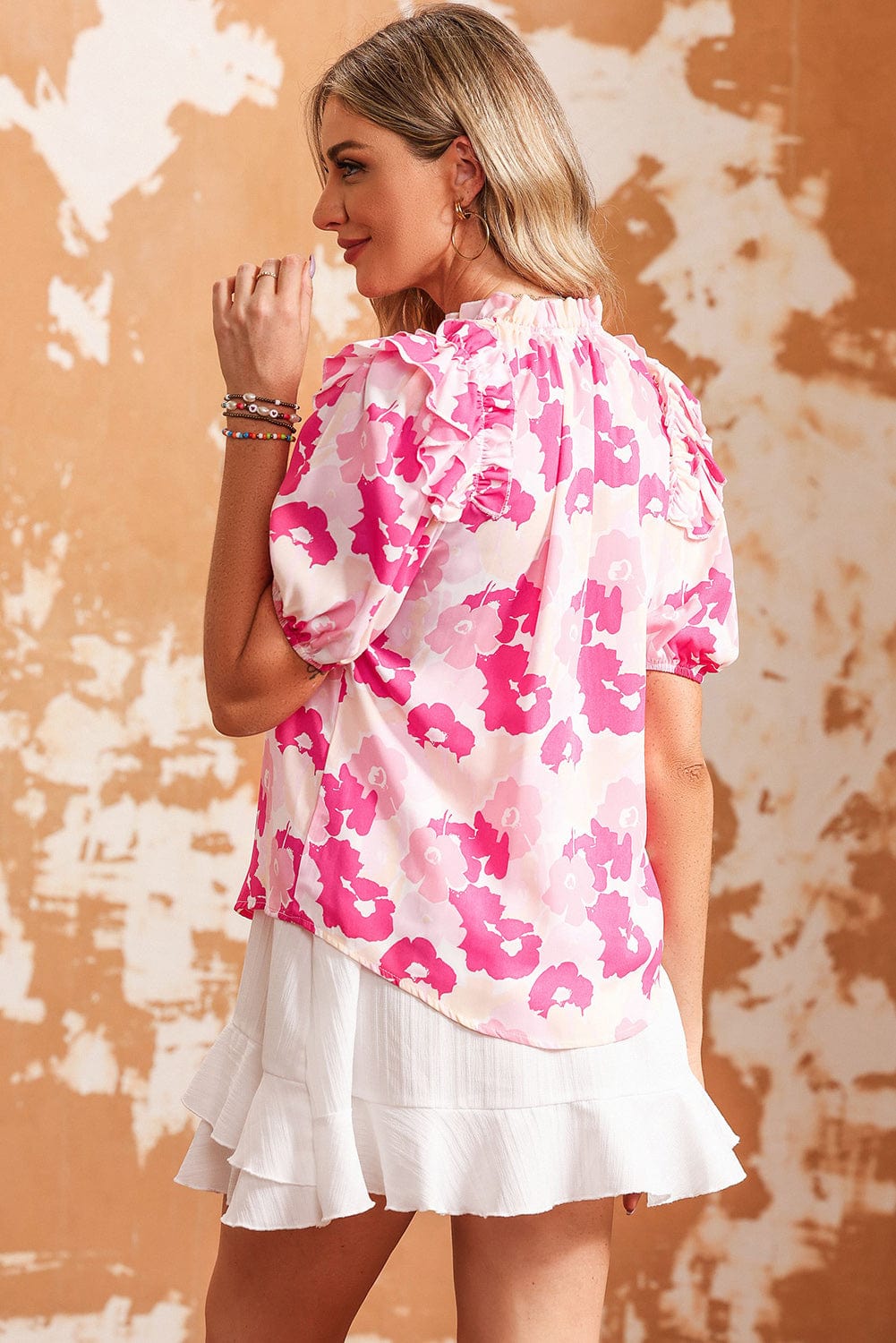Pink Floral Ruffle Sleeve V-Neck Top