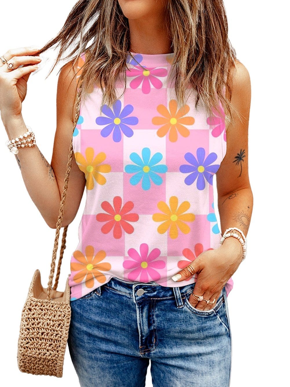 Pink Floral Sleeveless Summer Top with Round Neck