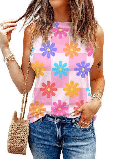 Pink Floral Sleeveless Summer Top with Round Neck
