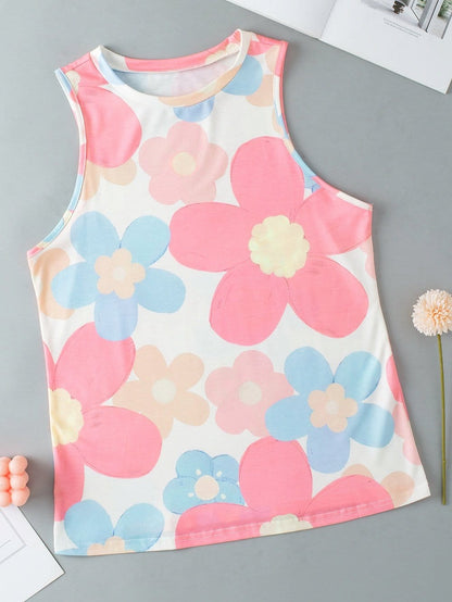 Pink Floral Sleeveless Summer Top with Round Neck