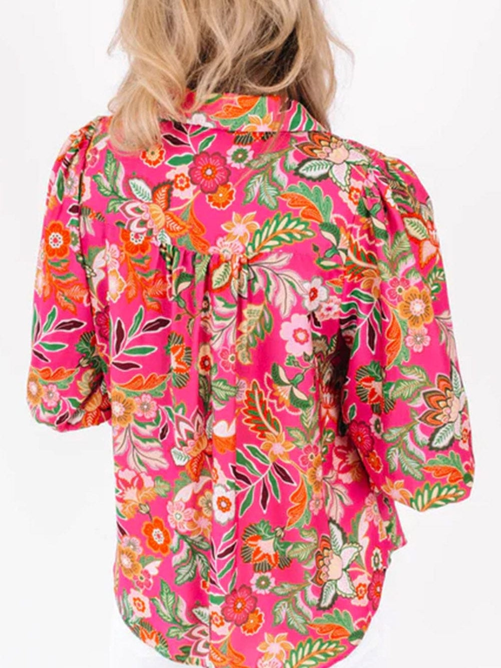 Pink Floral Smocked Sleeve Shirt with Strawberry Print