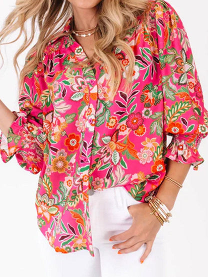 Pink Floral Smocked Sleeve Shirt with Strawberry Print